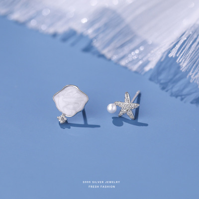 S999纯银不规则白贝海星耳钉女高级感清新气质时尚小珍珠锆石耳环送女朋友老婆情人节七夕生日礼物