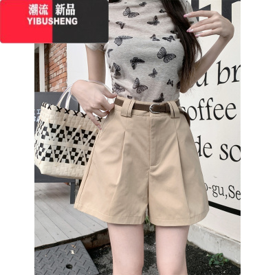 YIBUSHENG复古卡其色褶皱直筒裤女2024季高腰宽松休闲裤阔腿短裤