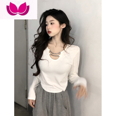 七斓网红链条设计感长袖T恤女春季韩版2023新款修身显瘦短款内搭上衣