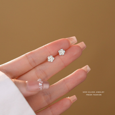 s999纯银山茶花耳钉小清新百搭女优雅花朵耳线足银养耳耳饰批发送女朋友老婆情人节七夕生日礼物