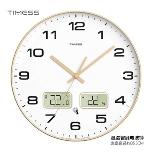 TIMESS自动对时钟表挂墙挂钟家用客厅时尚时钟免打孔温湿度电波钟
