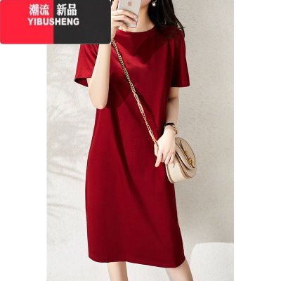 YIBUSHENG女t恤裙2024季中长款复古减龄宽松过膝bf短袖新款时尚连衣裙ins