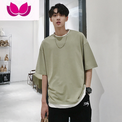 七斓夏季假短袖t恤男拼接圆领ins潮牌港风宽松百搭潮流五分袖上衣