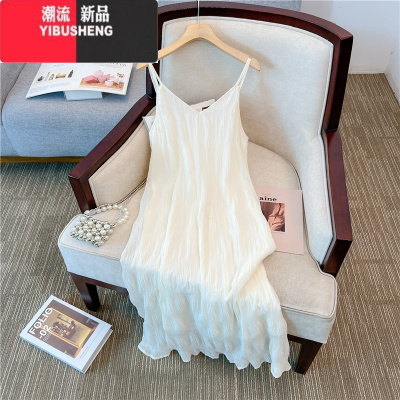 YIBUSHENG海边度假沙滩裙女仙装大码胖mm显瘦高级感梨形身材吊带连衣裙