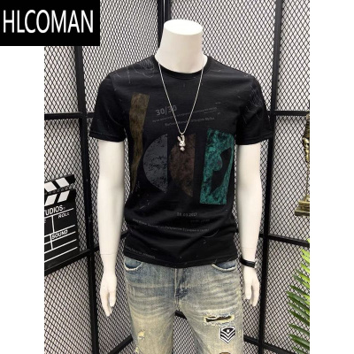 HLCOMAN欧货短袖男夏季痞帅男装百搭圆领透气T恤衫时尚高端印花半袖