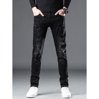 高端轻奢小脚牛仔裤男破洞潮牌痞帅修身显瘦休闲弹力长裤新款
