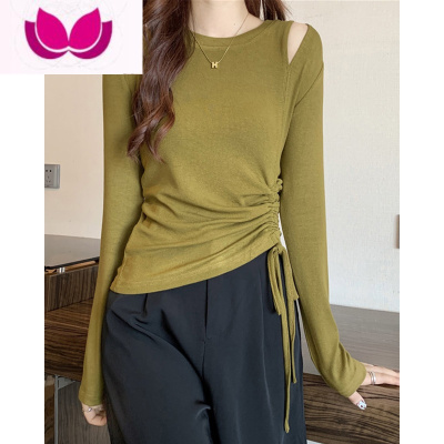 七斓修身长袖t恤女冬2023新款上衣设计感小众露肩抽绳打底衫内搭