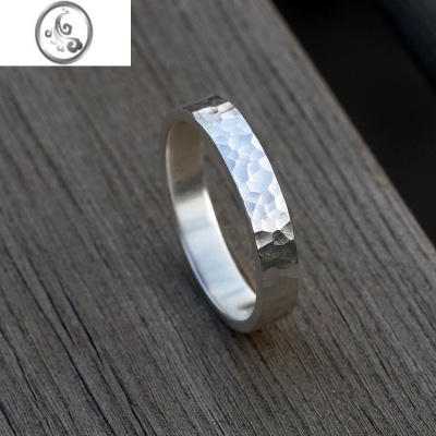 JiMi999银银手工锤纹戒指男 足银闭口个性食指情侣对戒女素圈指环尾戒