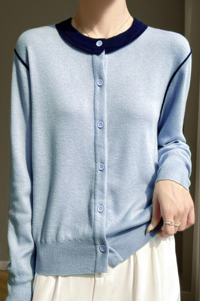 韩系撞色小衫圆领桑蚕丝羊毛针织女春秋薄款显瘦长袖开衫外套