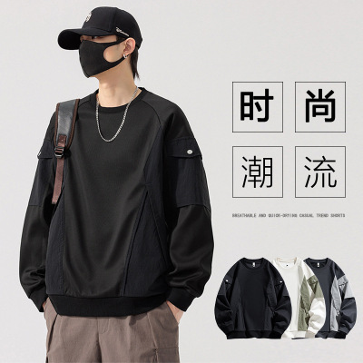 春秋季新款机能圆领卫衣男拼接休闲长袖T恤潮牌上衣男士宽松外套