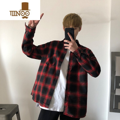 YANXU2023新款复古美式港风红黑白色格子衬衫男宽松长袖外套大码薄款潮