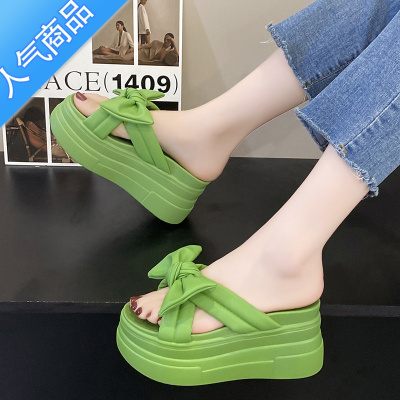 SUNTEK蝴蝶结一字凉拖网红时尚高级感百搭厚底增高松糕拖鞋女夏外穿凉拖