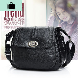 水洗皮女包软皮新款时尚潮流斜挎包单肩包迷你小包包百搭转锁女包NEW LAKE 黑色 默认女士单肩包 黑色默认