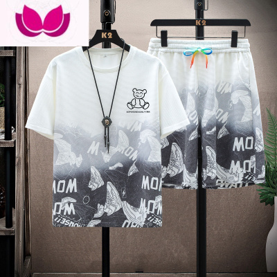 七斓华夫格短裤男士套装冰丝夏季薄款速干休闲运动五分沙滩裤一套衣服