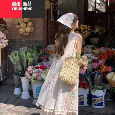 YIBUSHENG田园风碎花拼接度假风吊带连衣裙女春季叠穿v领蕾丝网纱背心罩裙