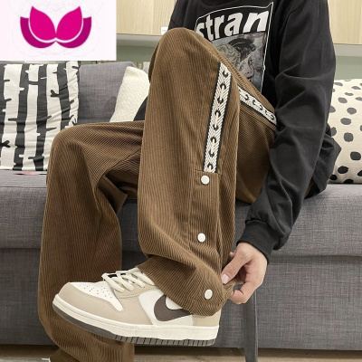 七斓织带排扣灯芯绒裤子男高街ins潮牌运动裤直筒宽松休闲长裤