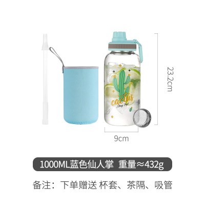 家柏饰(CORATED)带吸管大人玻璃茶杯超大容量创意个性水杯1000ml便携潮流女杯子 仙人掌蓝1000ML(带杯套)