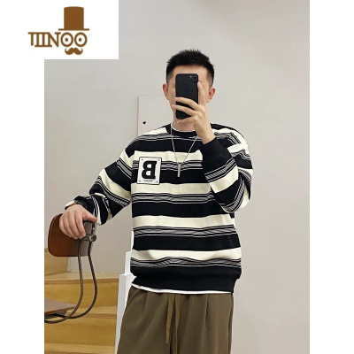 YANXU撞色粗条纹卫衣男士美式潮牌ins宽松休闲套头长袖百搭外套