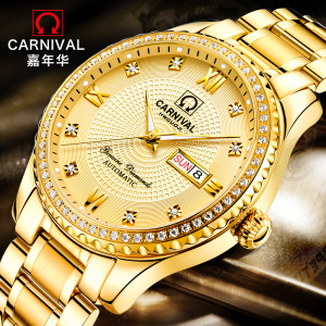 嘉年华CARNIVAL手表新款男士全自动机械表 男表时尚满天星镶水钻防水夜光精钢带腕表双日历星期显示休闲商务复古8629
