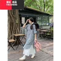 YIBUSHENG格子单排扣连衣裙女季2024新款韩系宽松休闲减龄短袖叠穿长裙子