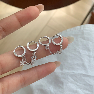 S925纯银闪钻爱心五角星双耳洞耳扣个性独特流苏耳环时尚耳饰送女朋友老婆情人节七夕生日礼物