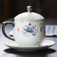 MULTIPOTENT茶杯玉瓷办公杯陶瓷带盖会议室水杯套组(妙色清欢款)白金版 精美伴手礼盒套装