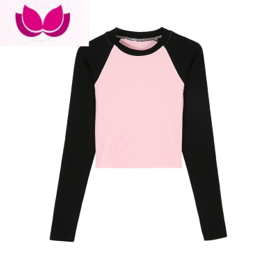 七斓粉粉绵心~拼色百搭插肩袖短款T恤女圆领打底衫韩系修身上衣