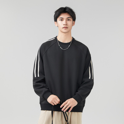 男装春季新款圆领卫衣男士韩版潮流条纹套头上衣宽松休闲打底厂家