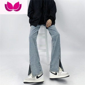 七斓妈个鸡妈 ins嘻哈复古高街拼接裤脚开叉直筒裤显瘦宽松牛仔裤男女