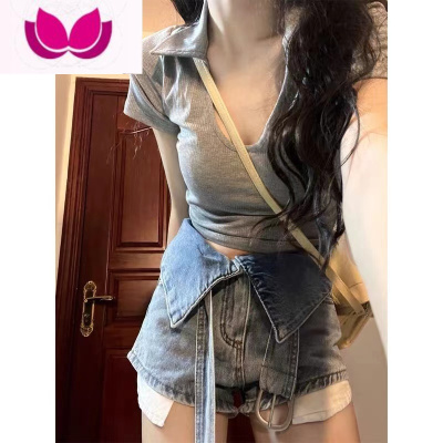 七斓美式正肩辣妹polo衫短款U领短袖t恤女夏季设计感小众别致独特上衣