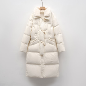 白鸭绒长款羽绒服女冬季新款简约毛领加厚宽松过膝外套潮