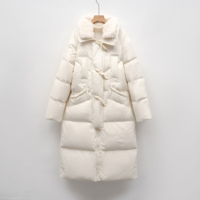白鸭绒长款羽绒服女冬季新款简约毛领加厚宽松过膝外套潮