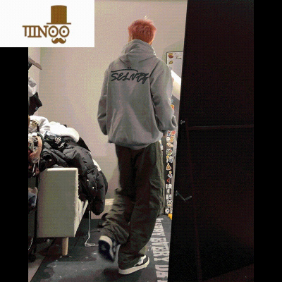 YANXU美式灰色加绒加厚连帽卫衣男2023新款潮牌薄款外套上衣