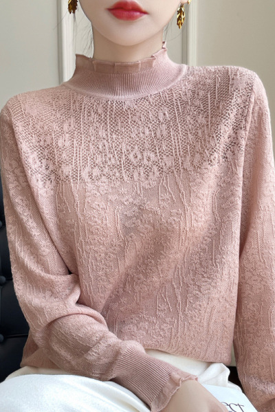 春秋新款法式精纺羊毛半高领针织衫长袖蕾丝钩花设计感上衣