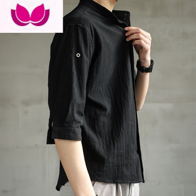 七斓亚麻衬衫男冰丝宽松潮休闲外套上衣中国风七分袖棉麻短袖黑色衬衣