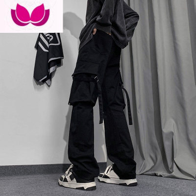 七斓美式vibe风裤子ins高街潮复古绑带机能工装裤男小众直筒微喇叭裤