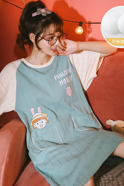 【定制】带胸垫睡衣女士夏季短袖睡裙韩版卡通可外穿连衣裙家居服_835