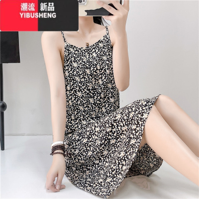 YIBUSHENG棉绸连衣裙女季新款碎花显瘦百搭绵绸中长款吊带裙大码沙滩裙子