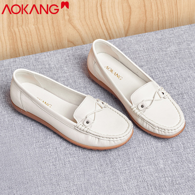 奥康女鞋春秋季休闲皮鞋女牛皮透气豆豆鞋软底护士鞋中年妈妈鞋