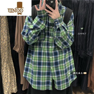 YANXU日系vintage复古慵懒风格子衬衫男女宽松休闲百搭夏季防晒衣衬衣