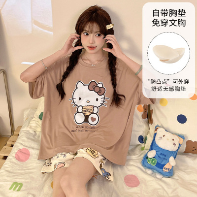 睡衣女夏季莫代尔带胸垫短袖短裤韩版可爱卡通休闲外穿家居服套装