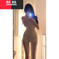 YIBUSHENG纯欲风性感一字肩网纱吊带连衣裙2024季辣妹收腰不规则开叉长裙