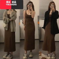 YIBUSHENG[罗纹]显瘦百搭纯欲修身棕色针织吊带裙收腰打底连衣裙