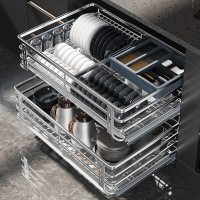 尔沫 厨房拉篮橱柜双层调味碗盘蓝304不锈钢碗碟柜厨房收纳篮阻尼滑轨抽屉式碗碟篮碗柜