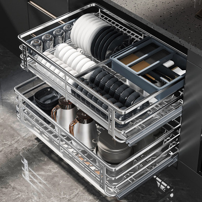 尔沫 厨房拉篮橱柜双层调味碗盘蓝304不锈钢碗碟柜厨房收纳篮阻尼滑轨抽屉式碗碟篮碗柜