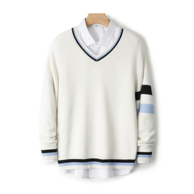 100全羊毛衫男V领套头毛衣男宽松加厚针织毛衣休闲冬保暖打底衫