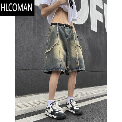 HLCOMAN美式破坏风痞帅牛仔短裤男2025夏季青少年高街vibe宽松直筒五分裤