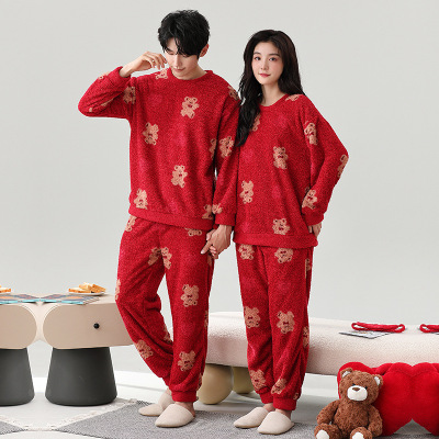 情侣睡衣女款春秋冬季珊瑚绒加厚加绒保暖一男士一女士家居服套装