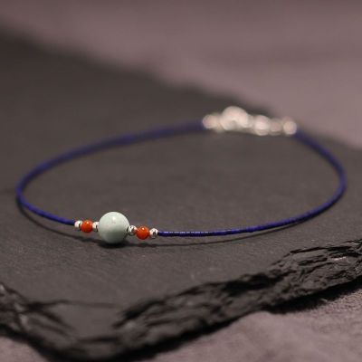 天然原创简约纯银百搭气质平安符极细桶珠青金石南红大绿松石脚链送女朋友老婆情人节七夕生日礼物