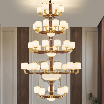 克罗斯塔 别墅客厅大吊灯新中式全铜复式楼中空红木长吊灯酒店大厅餐厅灯具